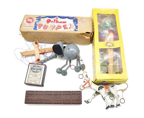 Two Pelham Puppets, including 1950's Elephant and model SL9 Frog; Muffin the Mule white metal model, play worn; cribbage boar