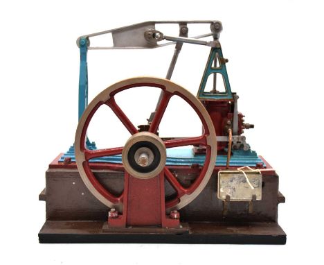 A Stuart Turner half-beam stationary engine, cyan and maroon, height 27cm, length 32cm, on custom mountCondition report: