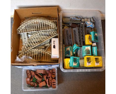 Two boxes of Marklin HO gauge model railway bridges and accessories, including arched bridge, pillars, supports, and othersQt