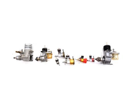 Seven glow and spark iginition aero model aircraft engines, including Merco 61, missing plug, with power muffler; Ohlsson &am