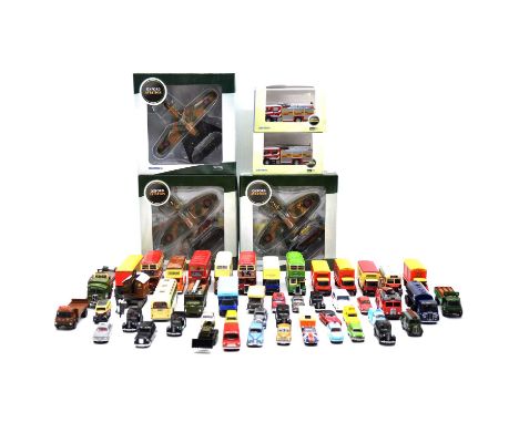A box of die-cast model vehicles, including Oxford die-cast Supermarine 'Spitfire' Mk I, boxed; Oxford die-cast fire engine (