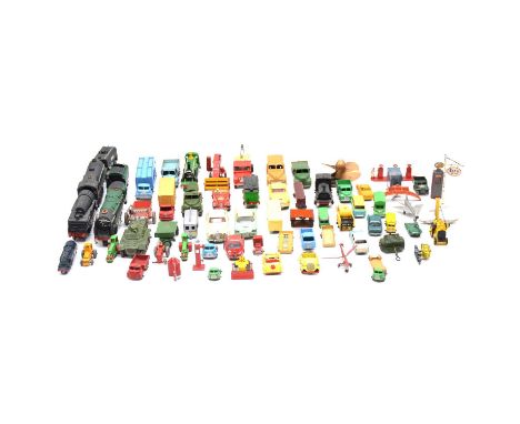 A tray of loose die-cast models, including Dinky, Corgi, Lesney, Matchbox, and others, resin model locomotives