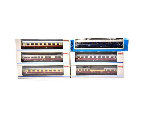 Marklin HO gauge model railway passenger coaches, six including ref. 4155 TEN coach; ref. 4090 DB observation coach; ref. 408