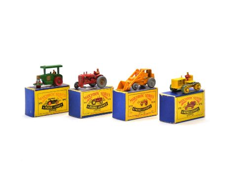 Matchbox die-cast model vehicles, four including no.1 steam roller; no.4 tractor; no.24 hydraulic excavator; no.8 caterpillar