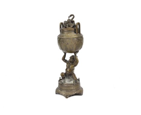 A Japanese Meiji period bronze incense burner, the lid with a dragon finial and the bowl being held aloft by a Japanese Oni o