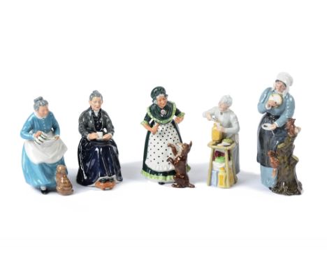 A collection of Royal Doulton figures, consisting 'Nanny' HN2221, 'Good Friends' HN2783, 'Tea Time' HN2255, 'Embroidering' HN