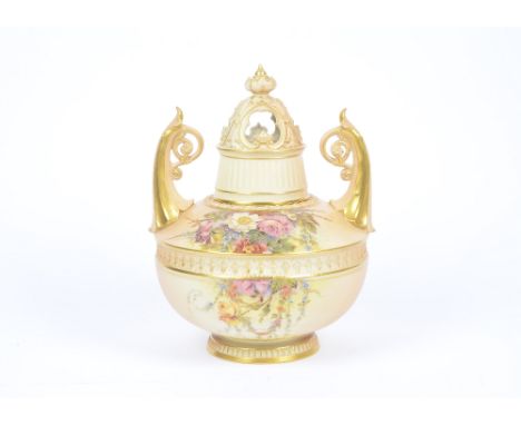 A Royal Worcester Blush Ivory pot pourri and cover of strikingly large proportions, the hand painted floral decoration highly
