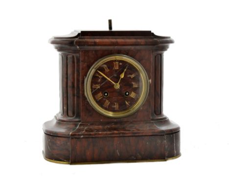 A 19th Century griotte marble mantle clock by Barbedienne Paris, 8 day movement, circular dial behind bevelled glass door, Ro