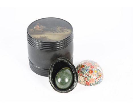 An early 20th Century turned wooden tea caddy, the lid transfer printed with a scene of three figures riding in a chariot, he