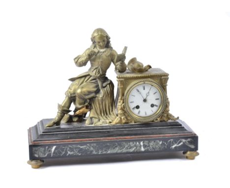 A 19th century bronzed spelter and marble mantel clock, after A. J. Scotte, depicting a gentleman reading a book, white ename