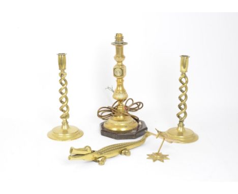 A collection Victorian and later brass and metalware, a Benson copper oil lamp with looped brass handle, Victorian brass cand