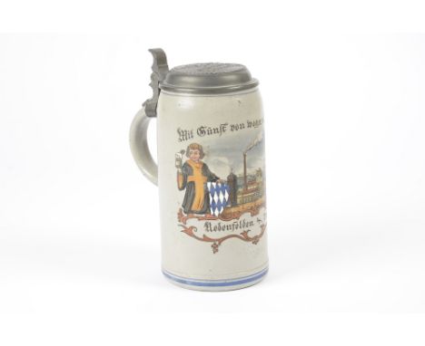A German stoneware 1921 commemorative pitcher, featuring the site of the paper mill Redenfelden/Raubling, the underside label