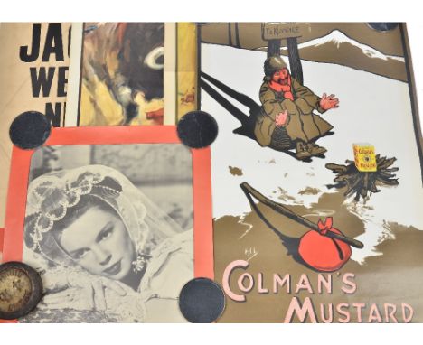 A vintage Colman's Mustard Advertising Poster 'To Klondike', depicting a pioneer warming his hands over a fire with a tin of 