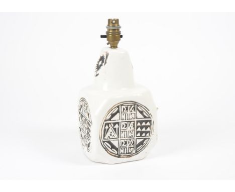 A Troika lamp base, of cubed form, with geometric designs and a white glaze, height (excluding fitting) 24 cm