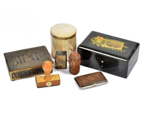A gilt musical box with embroidered details, mother of pearl pot, five cigarette and match boxes, three souvenir boxes and mo
