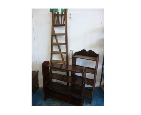 A vintage wooden step ladder, seven tier, together with a stained pine open book shelves