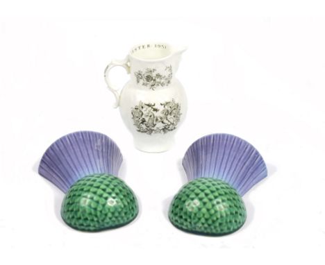 A pair of Campsie Ware thistle pattern wall pocket ramekins, height 16 cm, together with a Royal Worcester bi-centenary jug, 