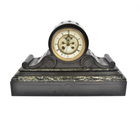 A late 19th Century French tambour slate mantle clock with marble inserts, white enamel dial with Roman numerals, height 28 c