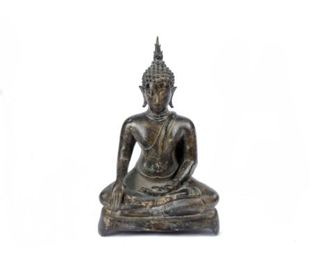 A 14th Century bronze Sukothai-style figure of Buddha, seated in dhyanasana, hands in bhumisparsa mudra, triform base, traces