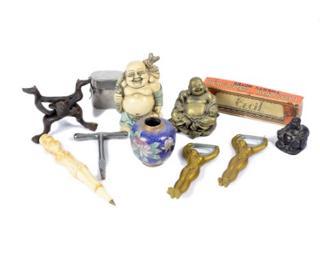 Four bottle openers shaped as nude females, an enamel vase, ceramic, brass and wooden laughing Buddhas, a Cecil mouth organ, 