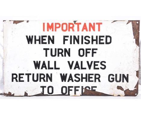 A vintage enamel sign
The painted sign of rectangular form with text "Important when finished, turn off wall valves, return w
