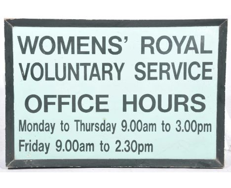 A vintage painted Women's Royal Voluntary Service sign
The rectangular painted sign with mitred frame with text, "Womens' Roy