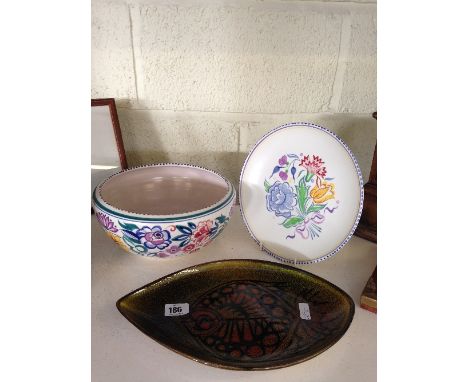 A large white bodied Poole Pottery fruit bowl decorated in the CS pattern together with a BN pattern plate and an Aegean dish