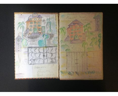 MARGARET DURRELL: A small handwritten sketch book with writings in pencil by Margaret Durrell recounting 'Sommiere revisited'