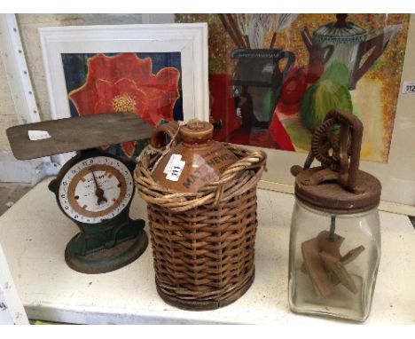 A stoneware flagon in wicker container together with a set of Salter balance scales and a glass cream maker.
