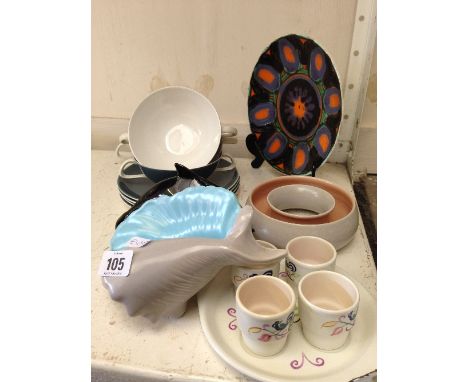 A collection of various Poole Pottery items including a small Delphis dish, shape 3 (latter af).