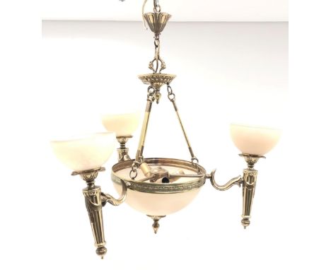 Mid century cast brass centre light fitting, three torch shaped lights with frosted glass shades and matching central shade, 