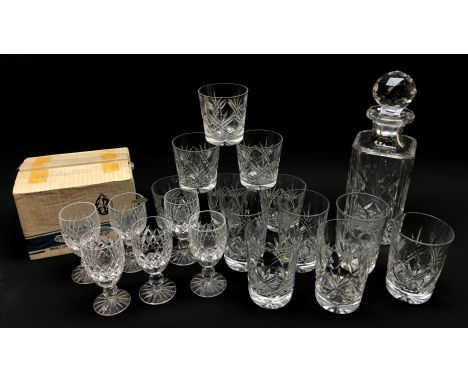 Set of six Waterford Boyne pattern sherry glasses, boxed, six Thomas Webb crystal tumblers and smaller tumblers and matching 