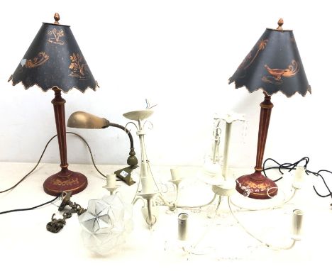 Vintage brass pendant light fitting with star moulded glass shade, vintage brass swan neck desk lamp, two modern Japanese sty