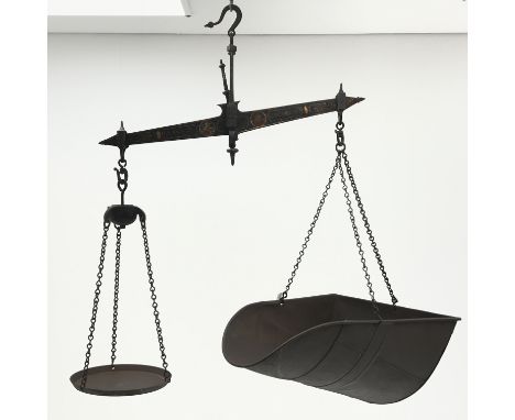Set of Victorian W & T Avery hanging grain scales with scoop, L80cm approx Condition Report Click here for further images, co