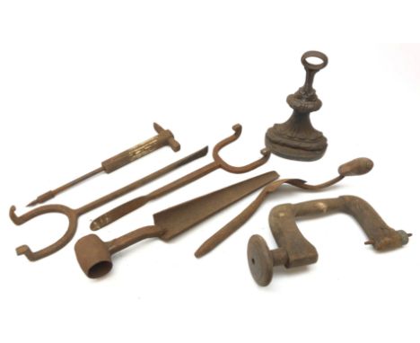 Group of Coopers tools comprising a bung extractor, shave, clamp etc from Wrens Vinegar Works in Yarm  Condition Report Click
