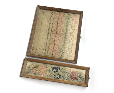19th century sampler worked with the alphabet and numerals,  28.5cm x 24cm and 19th century a needlework floral panel, both f