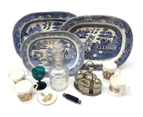 Victorian double ended Bristol blue glass scent bottle, L10cm, three Victorian blue and white Willow pattern meat plates, sil