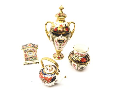 Royal Crown Derby Imari ceramics comprising urn shaped vase and cover no. 1128 H21cm, Haiku pattern miniature mantel clock, m