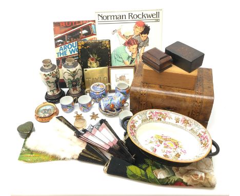 Victorian papier-mâché blotter, Victorian walnut work box with Tunbridge banding, woolwork tapestry panel, WW2 medals, pair C