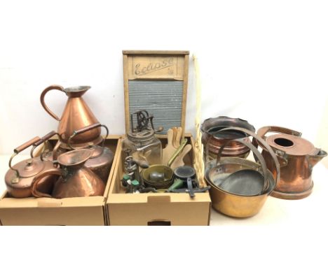 Large collection of metal wares and kitchenalia comprising Lawden & Poole, Birmingham 1915 copper water can, Victorian copper
