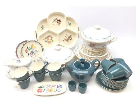 Poole pottery two-tone tea set in teal and cream, Poole sectioned dish and three similar pin dishes and a Shelley dinner serv