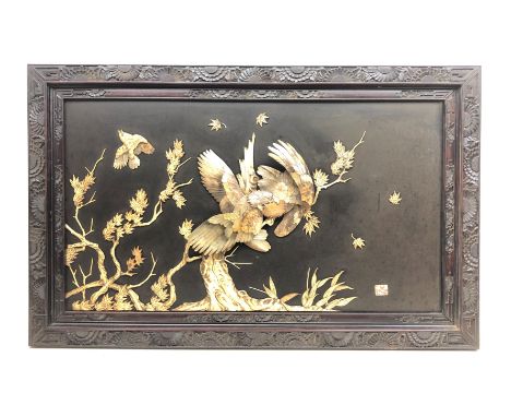 Japanese Meiji period Shibayama and lacquered panel with carved and stained bone and mother of pearl to depict two eagles fig