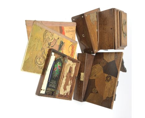 Early 19th century mahogany tea caddy, 19th century parquetry book slide, W.H. Potter & Co. Chemists mahogany box containing,