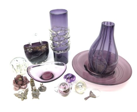 Tall amethyst glass vase of cylindrical form with applied clear glass banding, H41cm, large glass paperweight, glass vase in 