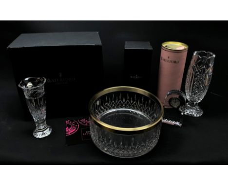 Waterford crystal Lismore pattern bowl with gold finish mount, Lismore 'Bud Vase' and arched mantle clock, all boxed as new a