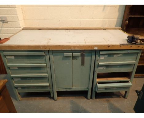 Army issue heavy pine work bench with three tiers of drawers and broad arrow stamp