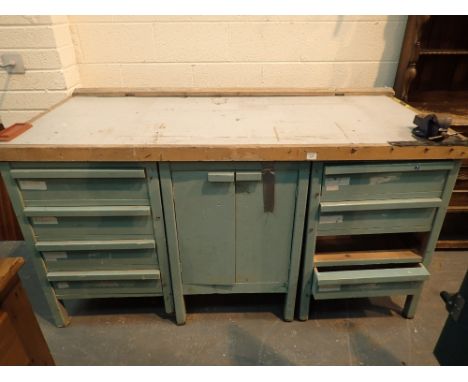 Army issue heavy pine work bench with three tiers of drawers and broad arrow stamp