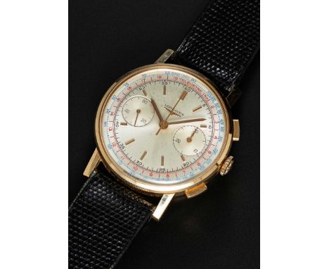 A GENTLEMAN'S 18K SOLID ROSE GOLD LONGINES FLYBACK CHRONOGRAPH WRIST WATCHCIRCA 1960s, REF. 7414 8Movement: 18J, manual wind,