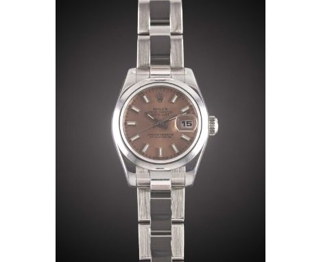 A LADIES STAINLESS STEEL ROLEX OYSTER PERPETUAL DATEJUST BRACELET WATCHCIRCA 2007, REF. 179160 WITH SALMON DIAL, ACCOMPANIED 