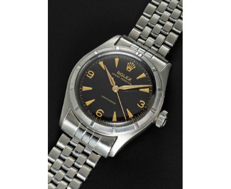 A RARE GENTLEMAN'S STAINLESS STEEL ROLEX OYSTER PERPETUAL CHRONOMETER BRACELET WATCHCIRCA 1952, REF. 6107 WITH BLACK "HONEYCO